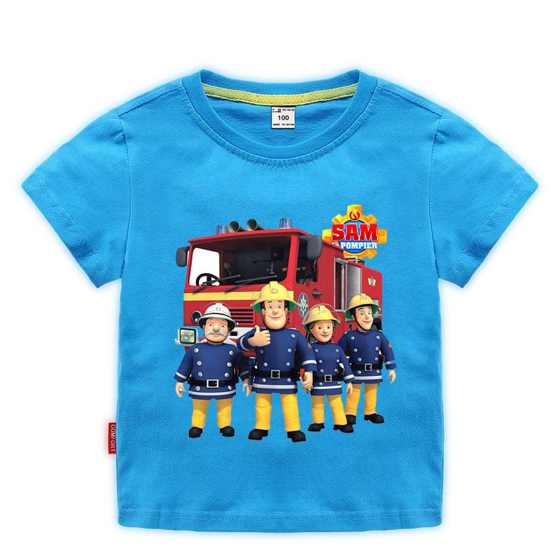 Children Cartoon Fireman Sam Print Cotton Tshirts for Boy Shirt Girl Short Sleeve Tee Top Clothes Kids Clothing Unisex 210Year