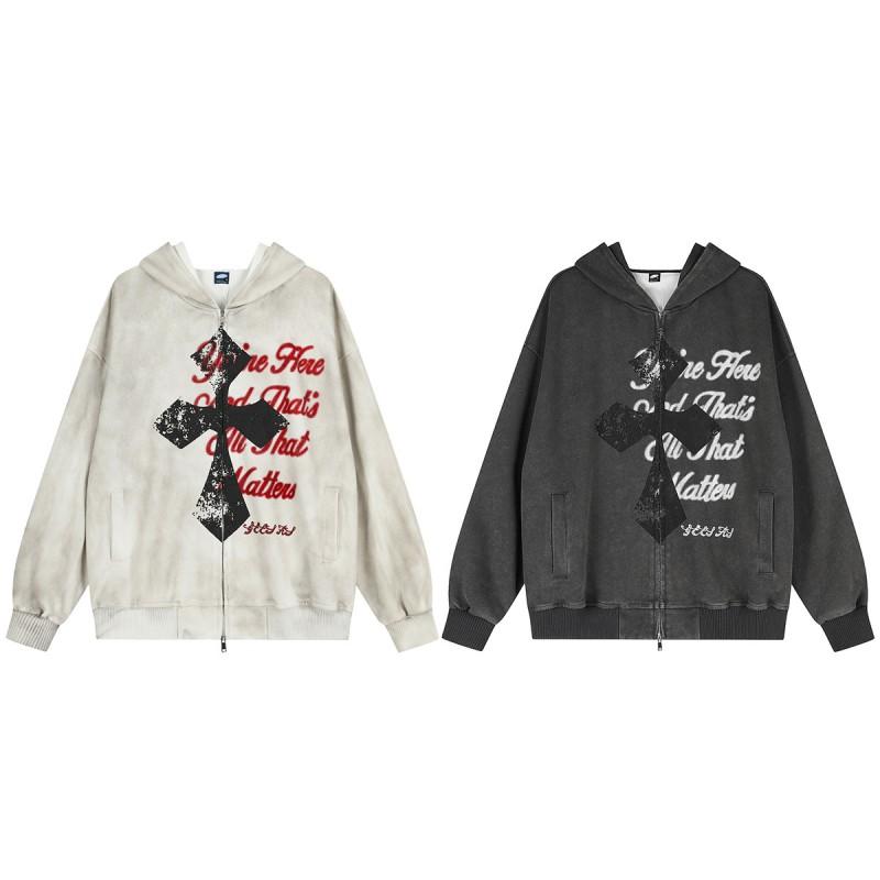 Unisex Vintage Washed Hoodie With Abstract Print Loose Fit Cotton Pullover Fall Streetwear