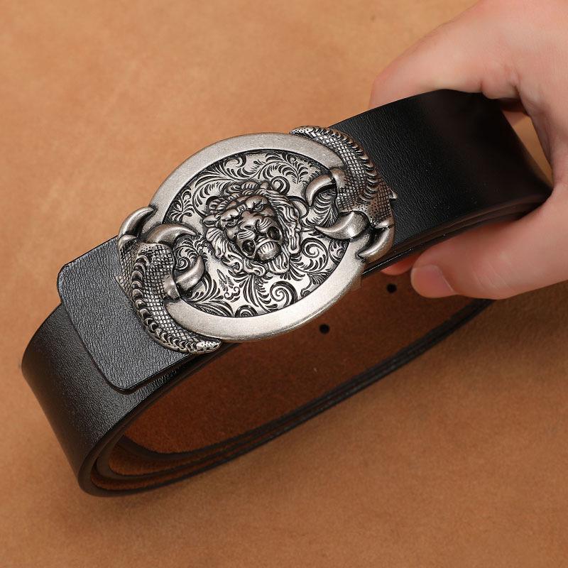 Men's Retro Genuine Cowhide Leather Belt with Smooth Buckle - Extended Large Size for Trendy and Plus-Size Fashion