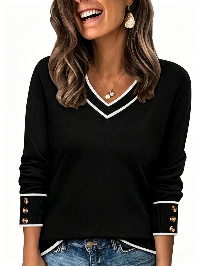 European and American style new casual and comfortable loose contrasting color V-neck pullover long-sleeved decorative button sweater
