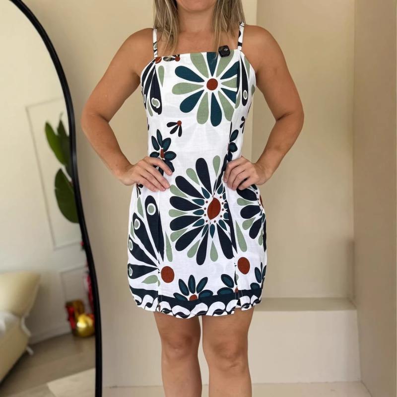 Women Floral Print Spaghetti Strap Square Neck Casual Mini Sundress S белый