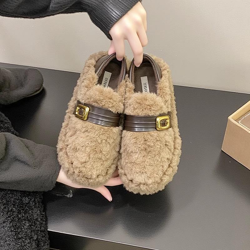 Lambswool Women's Fuzzy Winter Shoes 2025 - Fleece-lined, Thick Sole, Buckle, Warm Maternity Cotton Bean Shoes