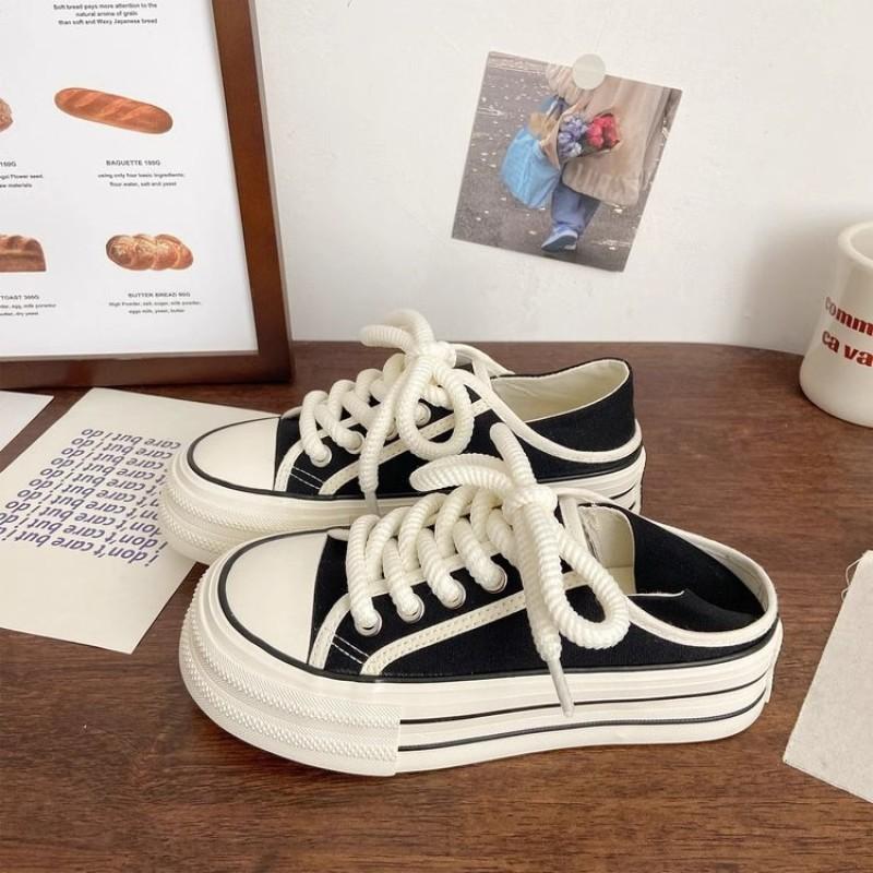 Special Spring and Summer New Milk White Two Wear Canvas Shoes Women's Thick Soles One Pedal Half Drag Foot Little White Shoes