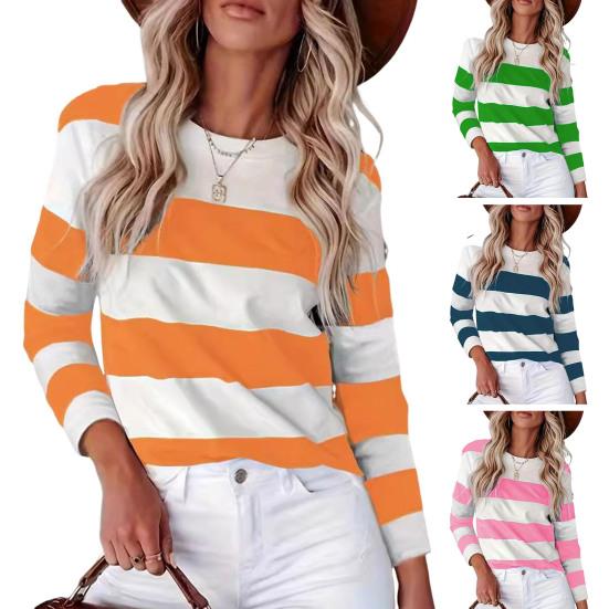 Women Pullover Tops Color Block Striped Print Round Neck Long Sleeve Sweatshirt Casual Blouse Daily Wear