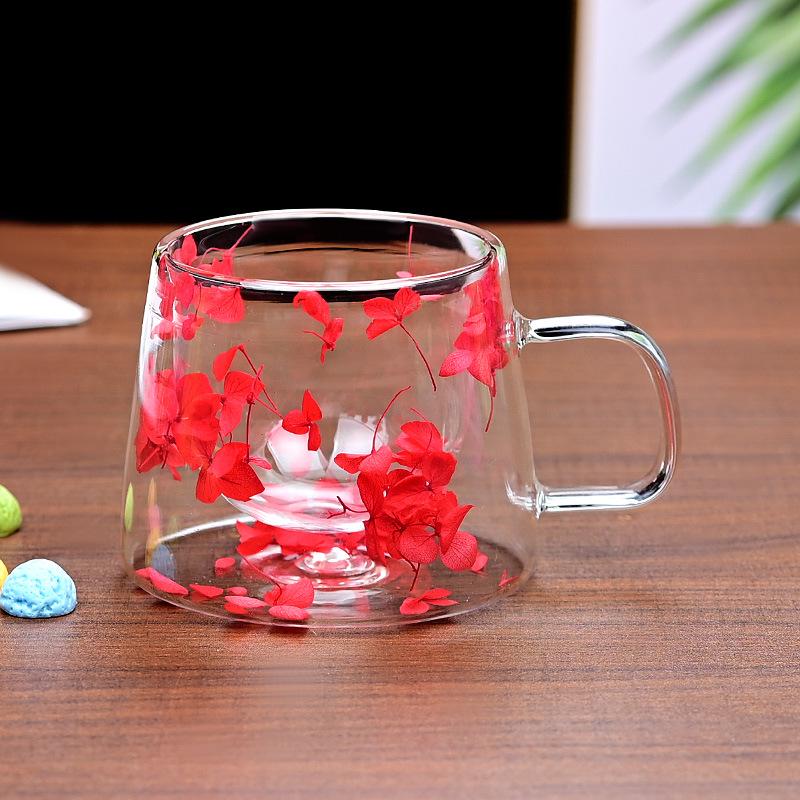 High Appearance Double Layer Petal Quicksand Glass Cup with Real Dried Flowers
