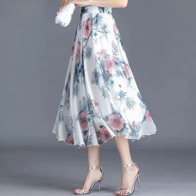 Summer Chiffon Skirt Long Plus Size Skirt Bohemian Floral Big Swing Female Beach Skirt Long Skirt Women's A-line Skirt