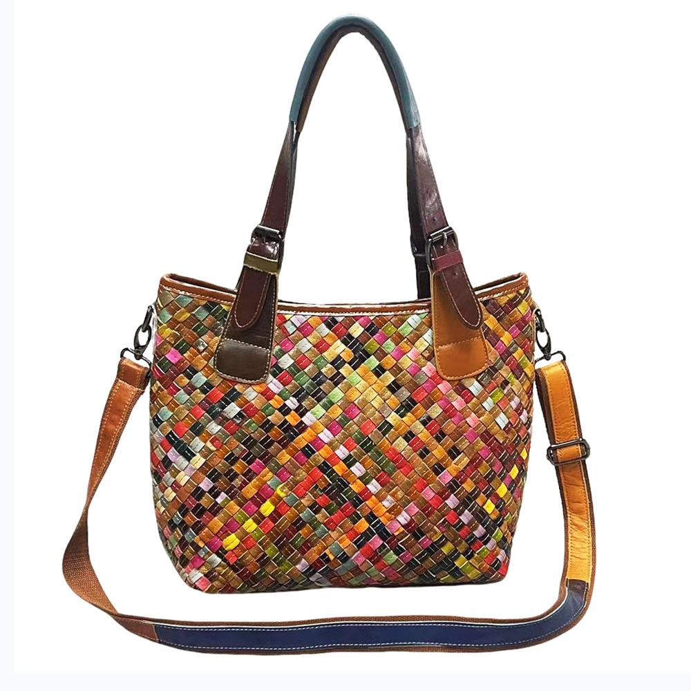 Damvävd väska i äkta läder Etnisk stil Handsydd Färgsprakande koskinn Handväska Axelremsväska