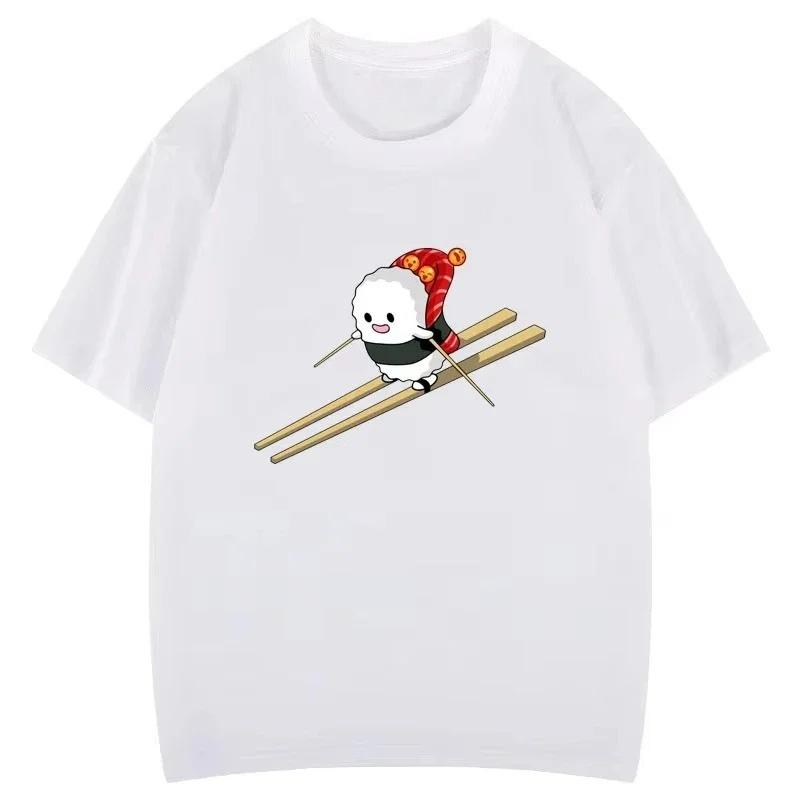Lustiges Sushi Ski Cartoon Grafik T-Shirt Kreativ Beliebt Mode Ästhetik Druck Oberteile Gothic Hipster Lässig Streetwear Damen