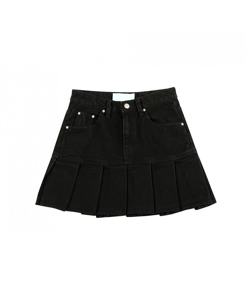 AVANDRESS Pleats Denim Skirt Black