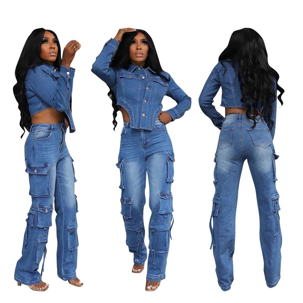 European & American Women's Casual Washed Denim Set