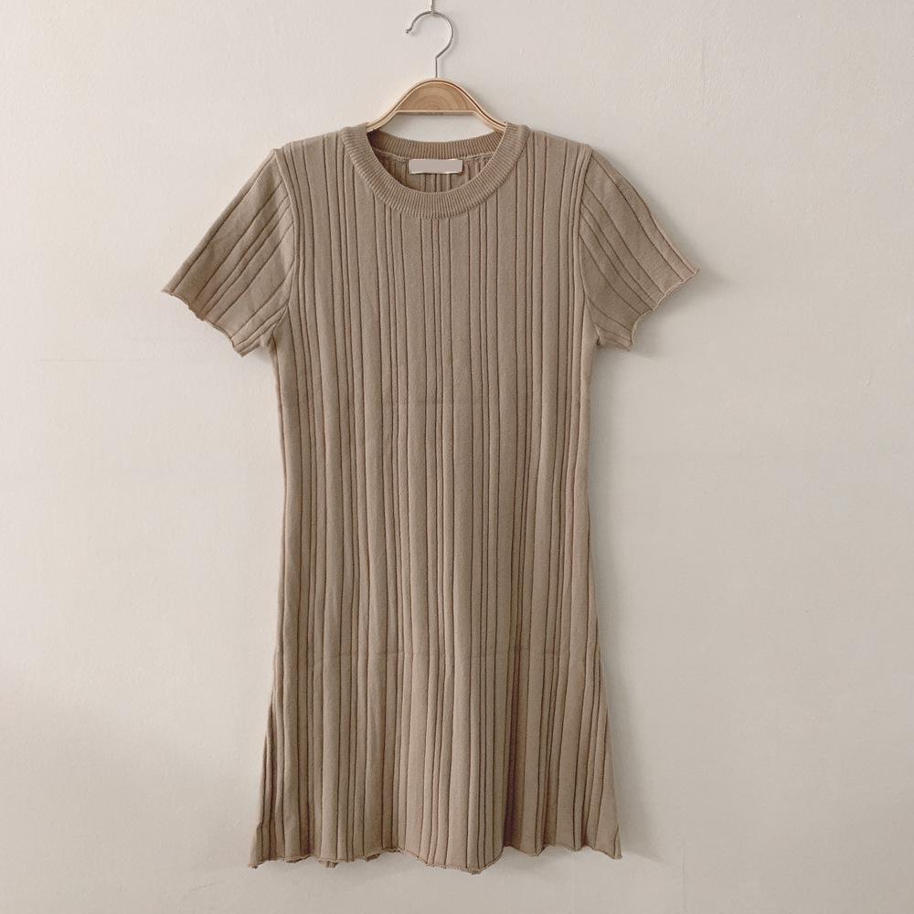 Korean Chic Ribbed Ice Silk Slim Fit Bodycon Knit Dress - Women's Short Sleeve, Round Neck