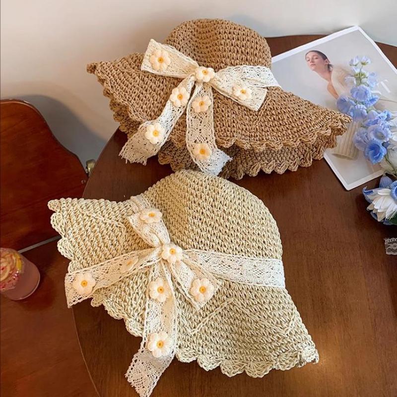 Summer Hats For Women Sun Hat Lace Ribbon Flower Sunhat Sunshade Foldable Beach Accessories Bucket Hat Female New