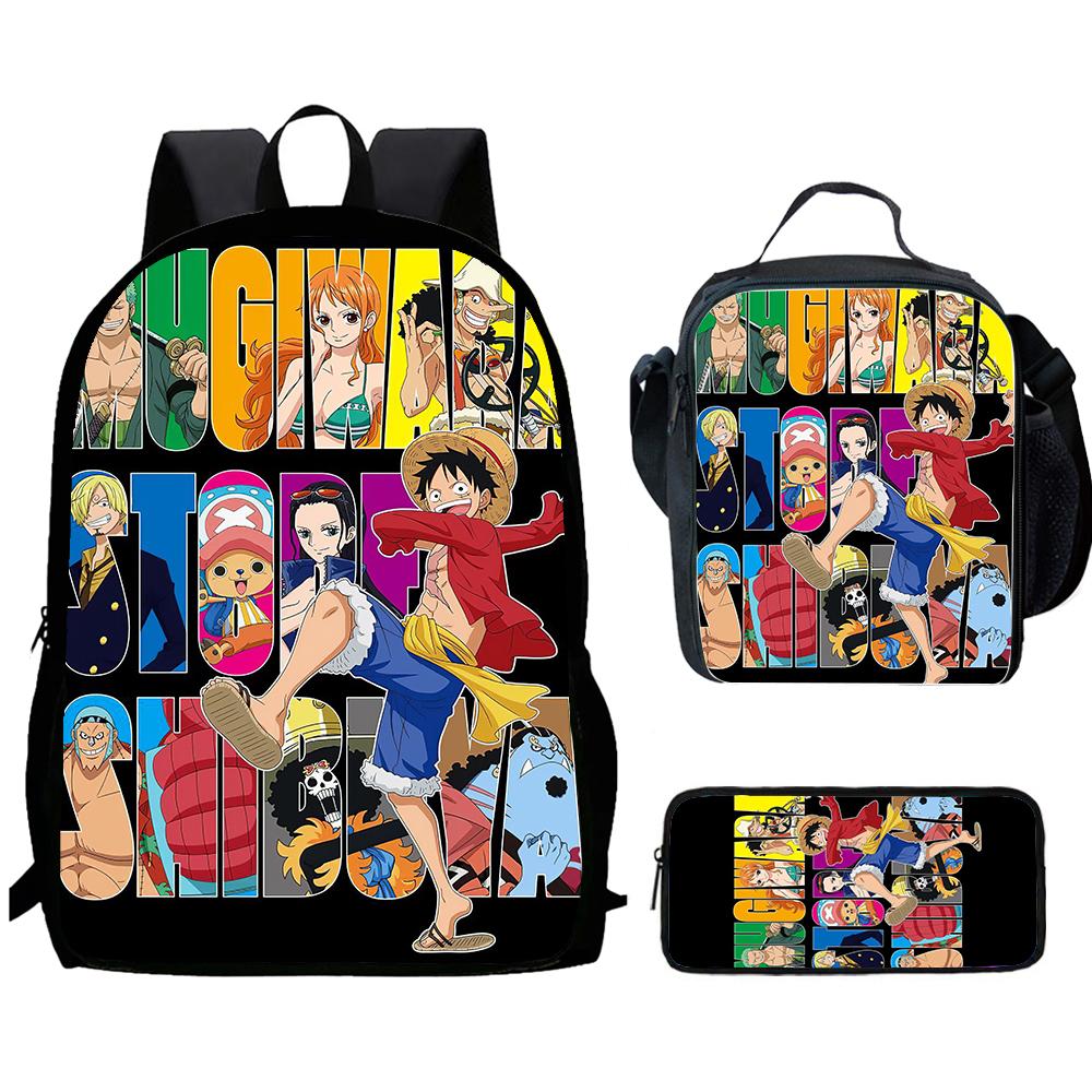 One Piece 15-Inch Mochila 3 Pcs Lightweight Adjustable Cartoon School Backpack With Lunch Bag Pencil Case For Children Ages 6-10