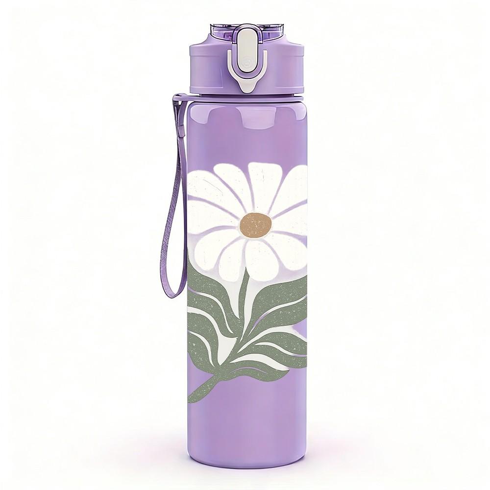 1PC Simple White Daisy Leaf Art 750ml Color Plastic Sports Water Bottle Leakproof Flip Straw Lid Suitable for Sports Office Home Use