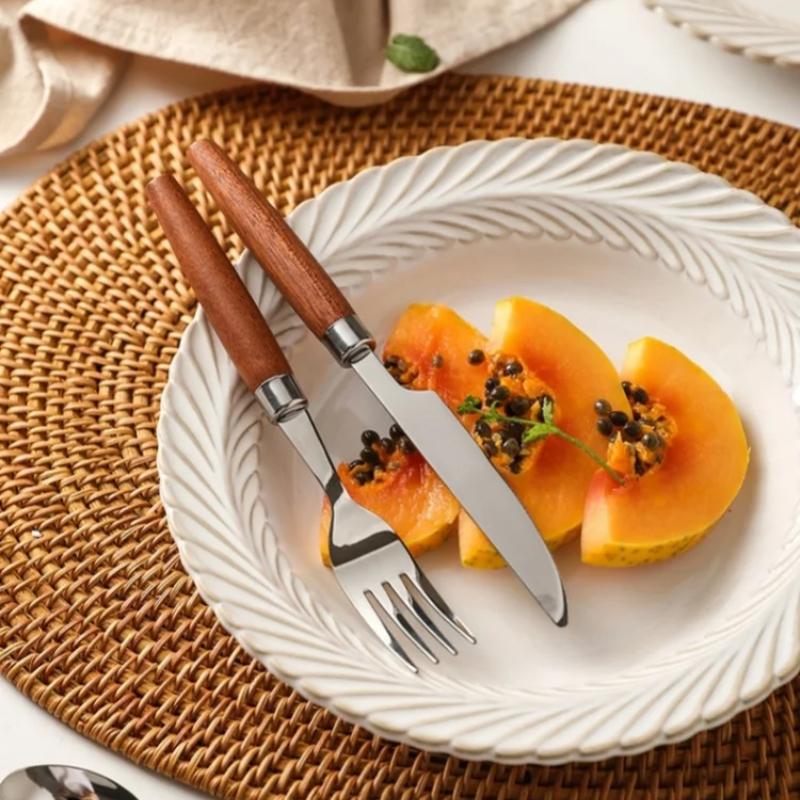 Nerezová jídelní sada Dřevěná rukojeť Nůž Vidlička Lžíce Příbory Kávová Dezertní lžička Restaurace Nádobí Kuchyňské pomůcky