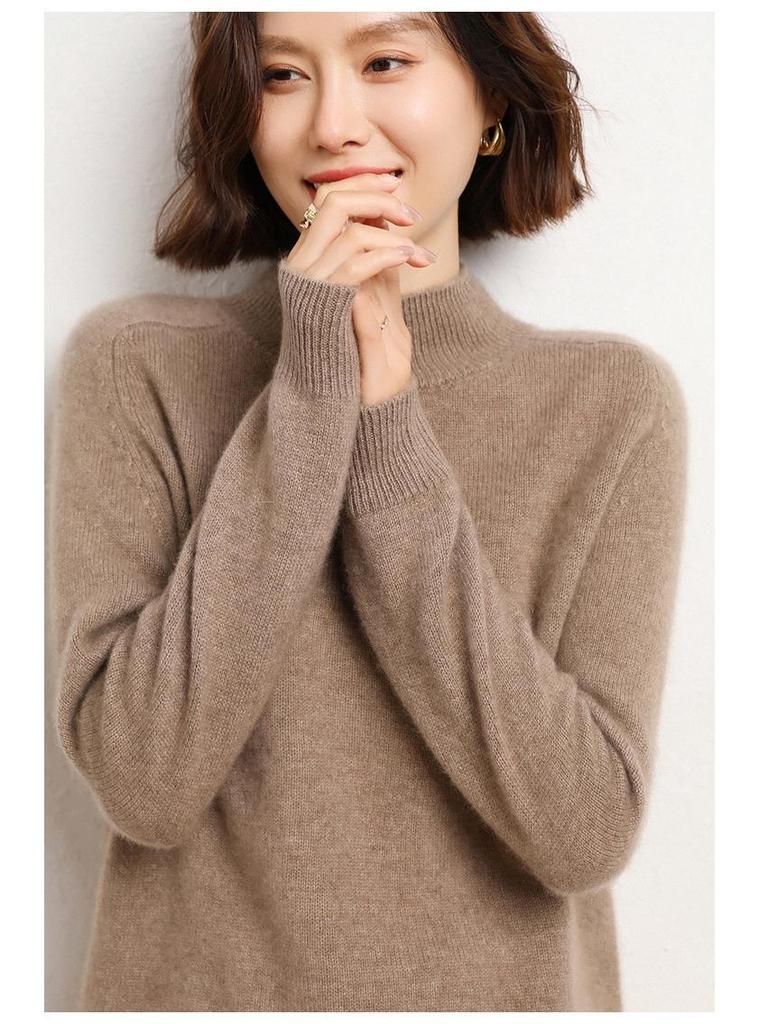 Women's 100% Wool Thickened Saddle Shoulder Sweater – Soft and Warm Half-High Neck Knitwear for Autumn and Winter