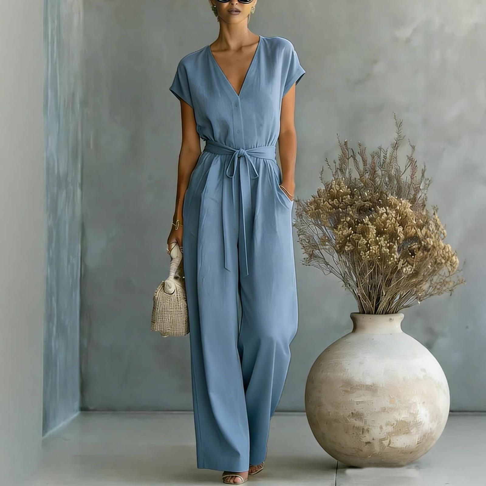 

Short Rompers For Women Deep V Neck Sleeveless Jumpsuit Loose Fit Work Overalls Dressy Casual Summer Jumpsuits S синій