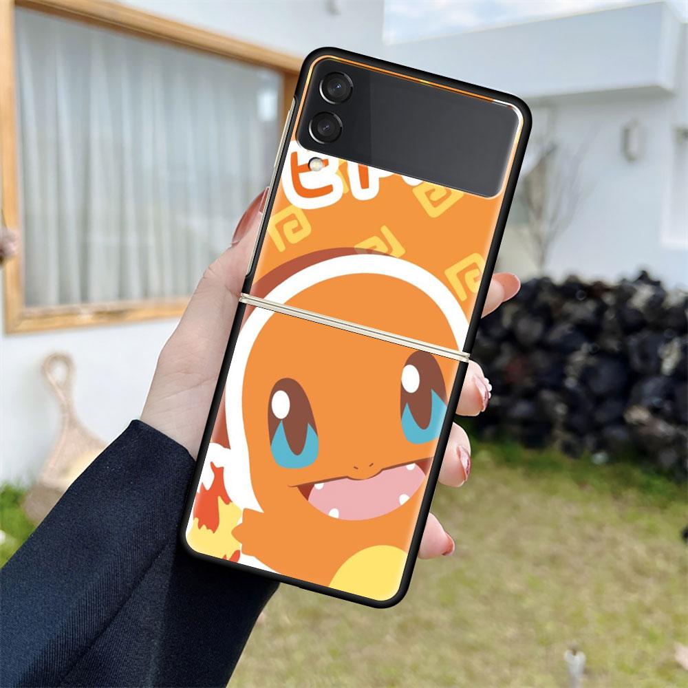 Z Flip 3 Case For Samsung Galaxy Z Flip 3 5G Black Hard Luxury Phone Cover Fall Prevention Fashion PC Shell Cute Pokemon EEvee