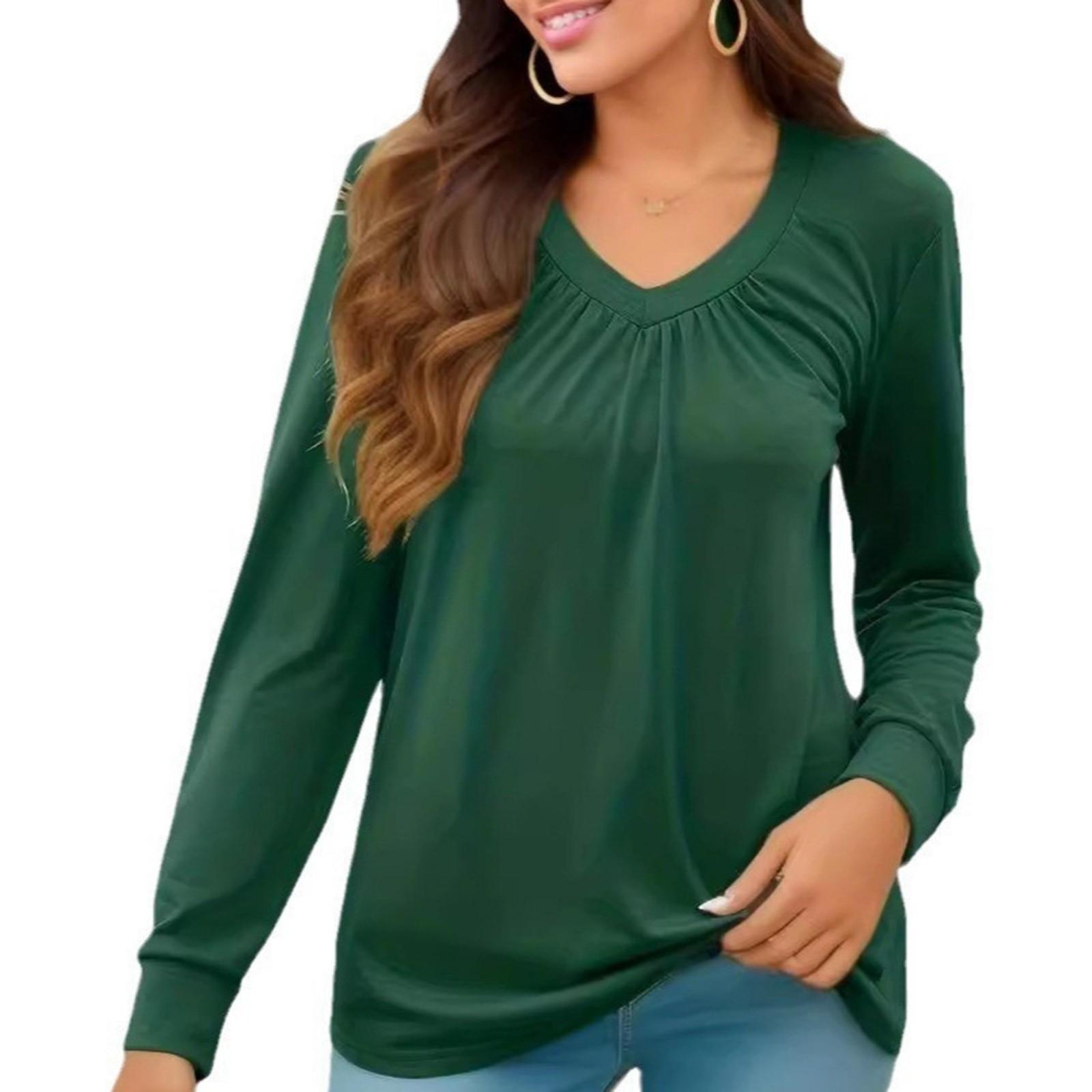 

Женская однотонная универсальная плиссированная футболка с V-образным вырезом и оборками, с длинным рукавом, свободного кроя S