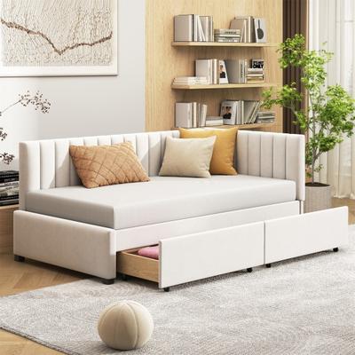 Velvet Upholstery Bed with 2 Drawers L-shaped Ergonomic Design Backrest Strong Wood Slat Support Bed Home Furniture