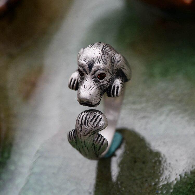 S990 Silver, Thai Silver Jewelry, Twelve Animals, Teddy Dog, Mosaic, Artificial Red Zircon, Lady's Opening Ring.