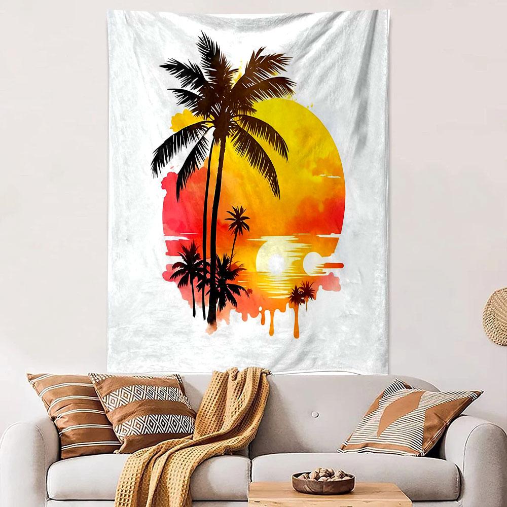 Tropical Sunset with Palm Trees Patterned Tapestry Decorative Wall Hanging, Home Bedroom Living Room Decor