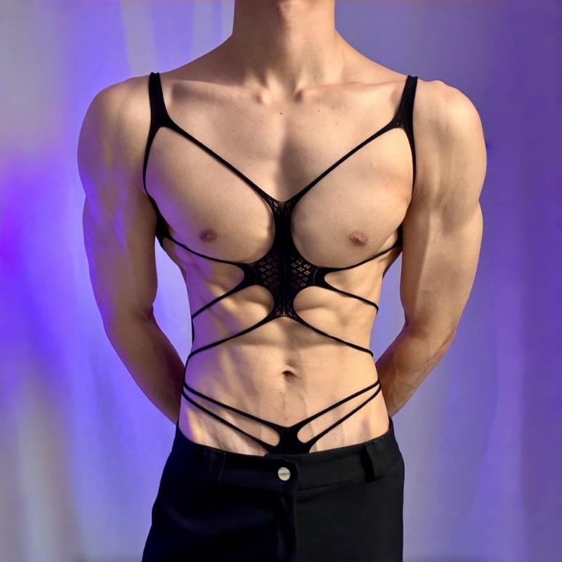 Men Plus Size Transparent Hollow Out Open Crotch Bondage Sexy Intimate Bodysuit