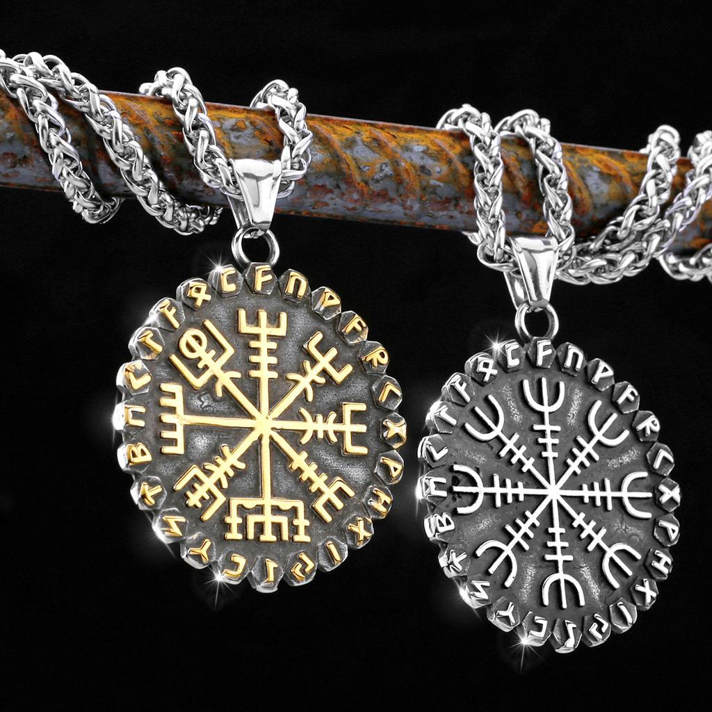 316L Stainless Steel Viking Odin's Symbol of Norse Runic Pendant Necklace Viking Rune Vegvisir Compass Amulet Pendants
