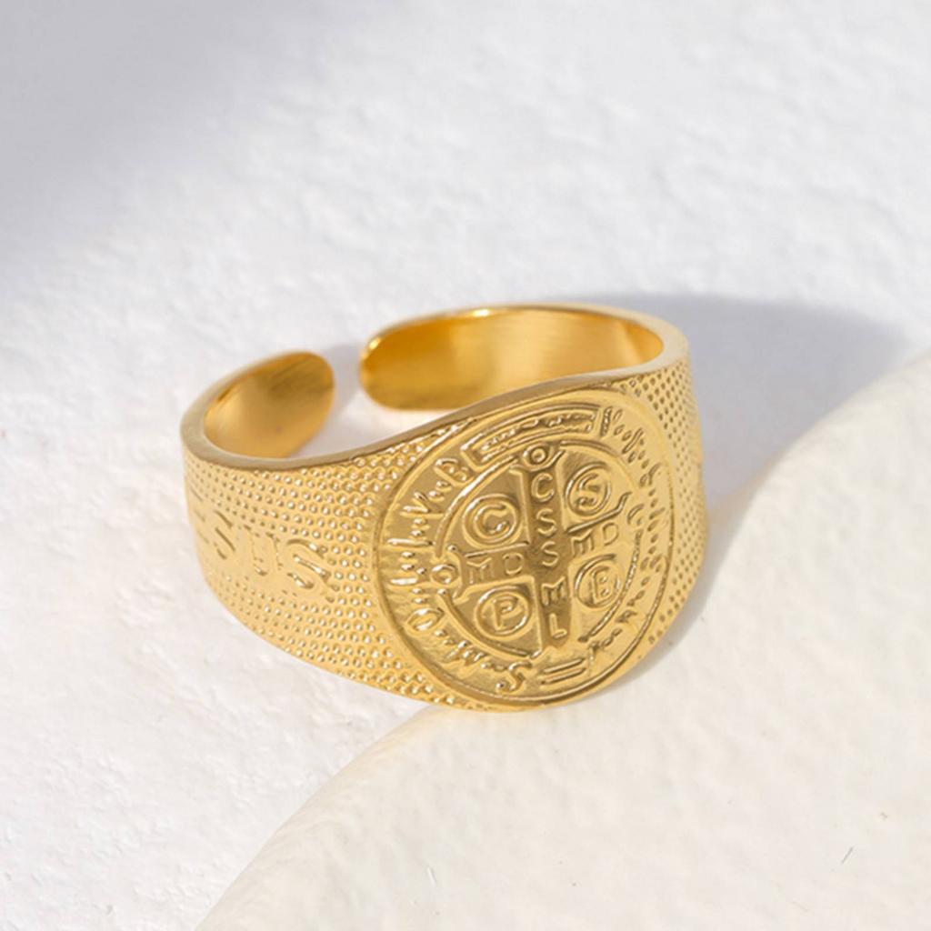 Stainless Steel Saint Benedict Open Ring for Women Men Christian Jewelry Gift