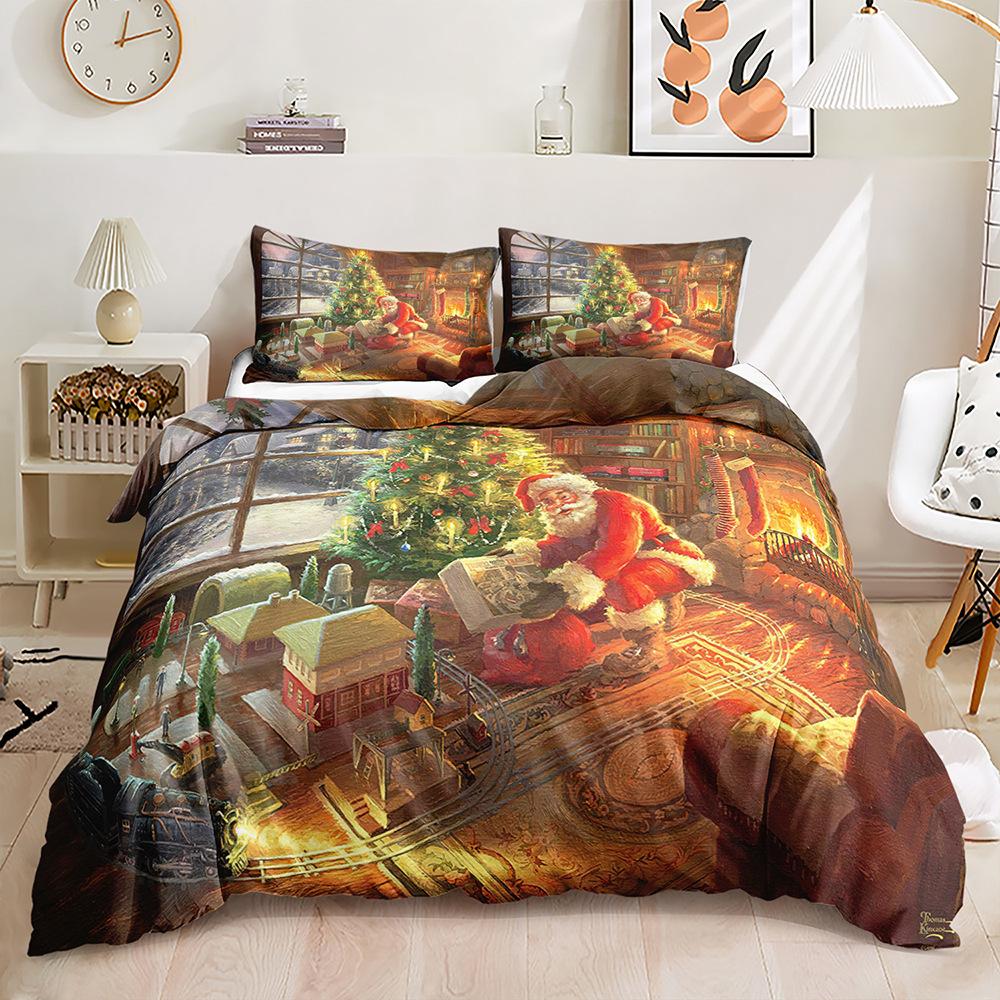 Three-Piece Quilt Cover Christmas Elk Holiday Decoration Bedding Digital Printing Kit