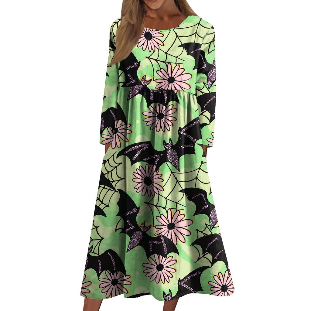 Women's Casual -neck Halloween Print Mid-length Dress Long-sleeved Dress With Pocket