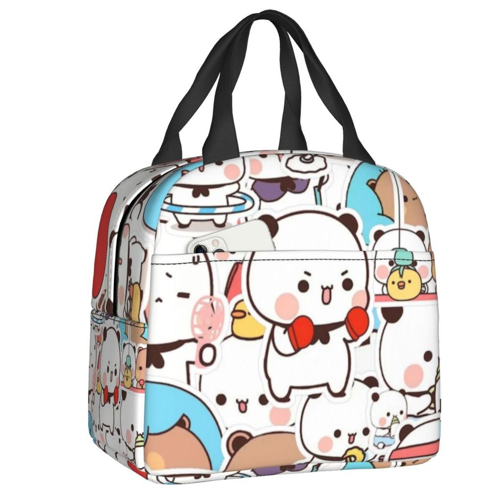 Custom Peach And Goma Mochi Cat Eating Ramen Thermal Insulated Lunch Bags Women Portable Lunch Container Travel Storage Food Box