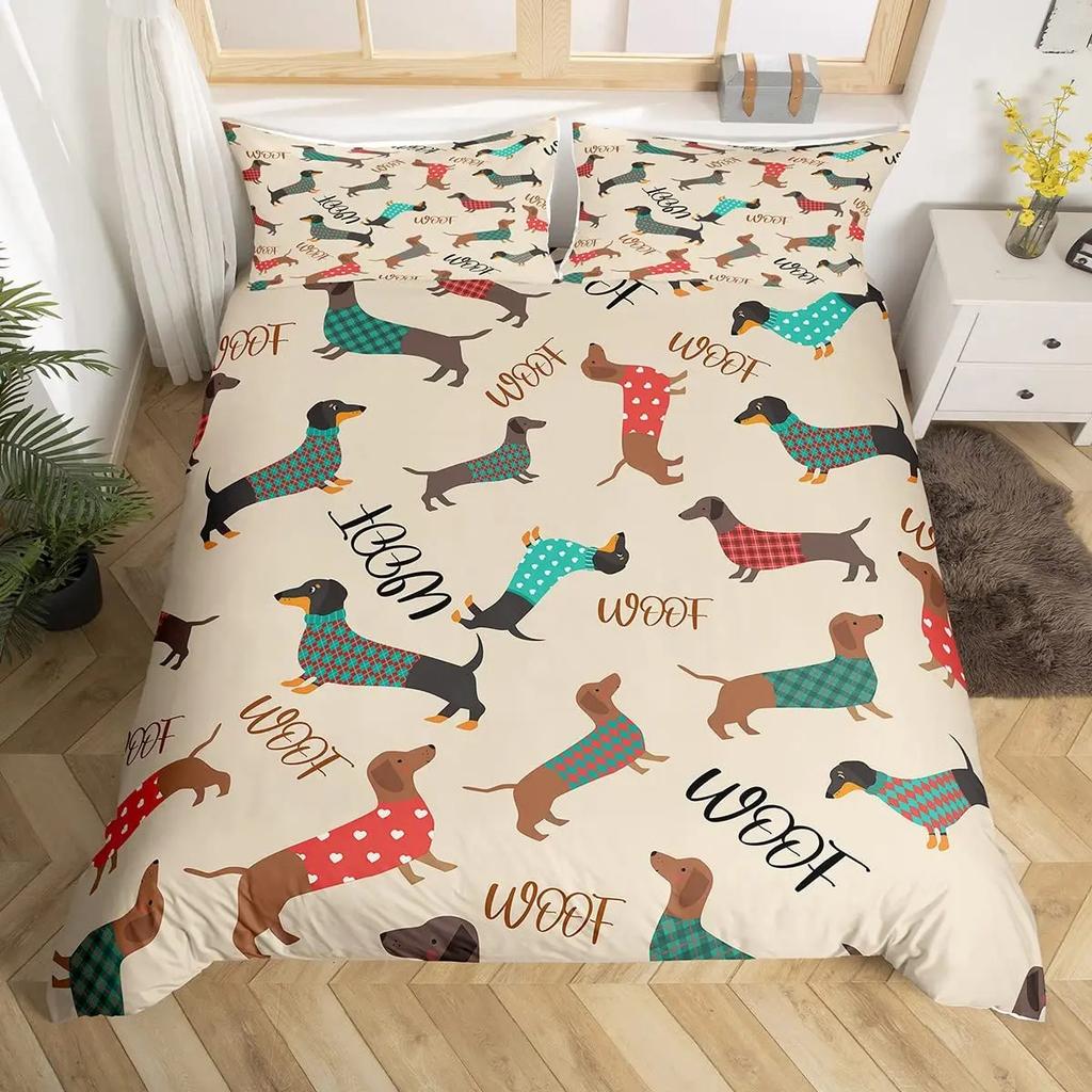 Dachshund Theme Duvet Cover Set Cartoon Puppy Bedroom Quilt Cover Three-Piece Bedspread