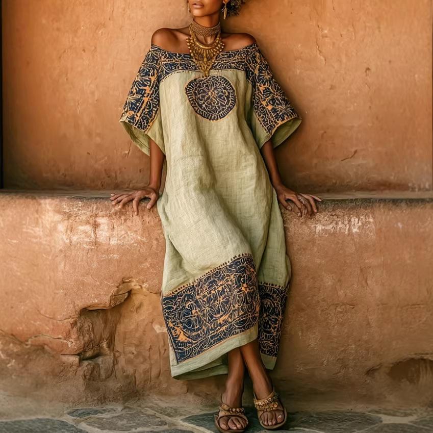 

Women s Off-Shoulder Maxi Dress with Geometric Pattern Trim XXXL зелений