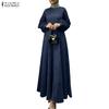 ZANZEA Women Casual Round Neck Long Sleeve Loose Patchwork Mesh Long Dress