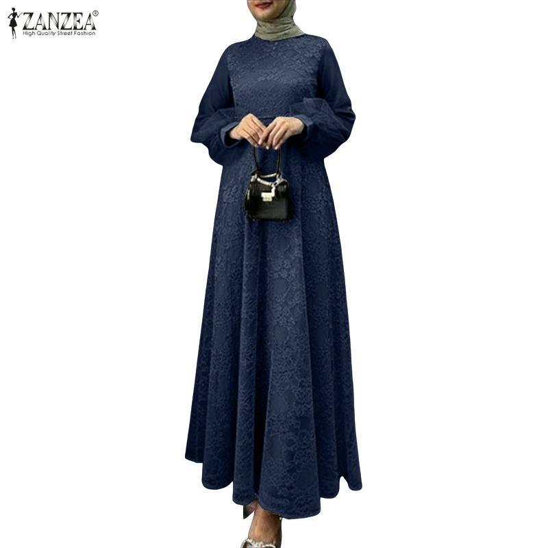 ZANZEA Women Casual Round Neck Long Sleeve Loose Patchwork Mesh Long Dress