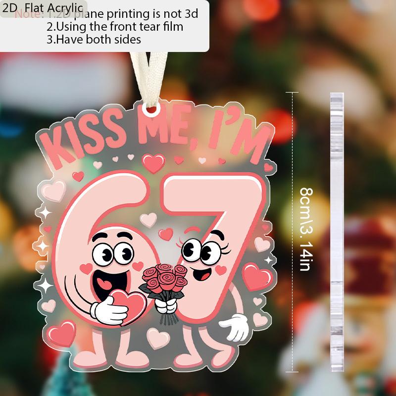 1pc/2pcs Valentine's Day Pink Number 67 Kiss Me Transparent Acrylic Pendant with Milky White Rope, Girlfriend Gift, Wife Gift, Backpack Pendant