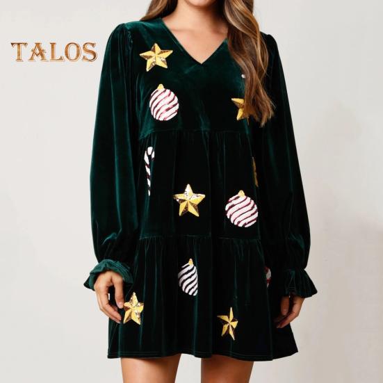 Weihnachtskleid für Damen, festlich, mit Sternendruck, Patchwork, Pailletten, A-Linie, plissiert, V-Ausschnitt, lange Ärmel, Rüschen, Samt, Party, Neujahr, Minikleid