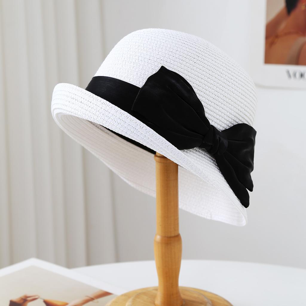 Curled Hepburn Sun Hat Bucket Hat Straw Hat Women's High-end Bow Sunscreen Straw Hat Seaside Beach Hat