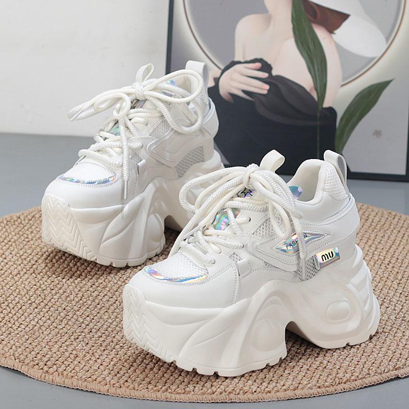 Fashion 10CM Air Mesh Microfiber Leather Chunky Sneaker Ankle Boots Shoes Women Flatform Wedge Bling High Brand Comfy Summer