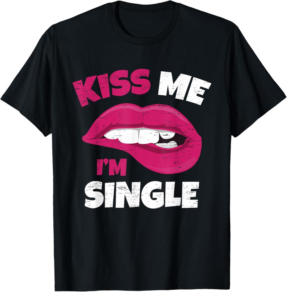 Kiss Me Im Single Lips Graphic Print Round Neck Cotton Short Sleeve T-Shirt Casual Daily Adults