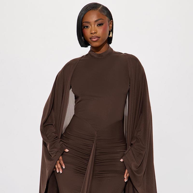 European & American Women's Backless Long Sleeve Pullover Dress with Mesh Shawl - Slimming Two-Piece Set