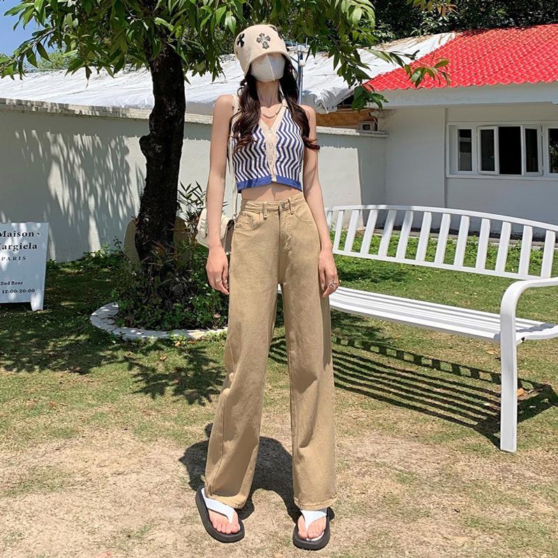 

Women s High-Waisted Yellow Wide-Leg Denim Pants, Summer 2022, Plus Size, Loose-Fit, Floor-Length, Straight Leg, Trendy. M