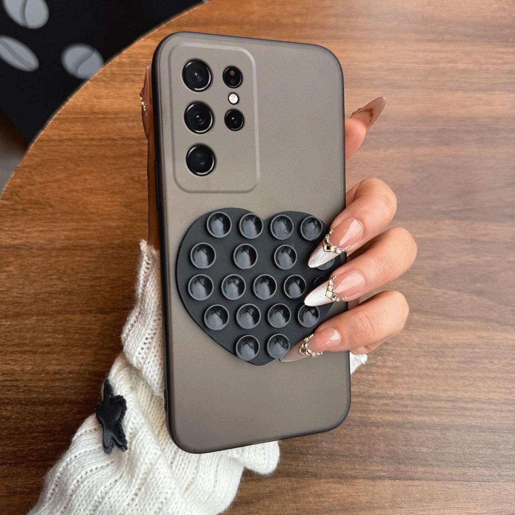 Heart Shape Suction Cup Phone Case for Samsung Galaxy S21 Ultra Semi Transparent Matte Shockproof Soft TPU Cover