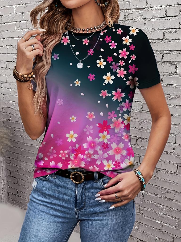 Women's T-shirt Summer Casual Round Neck Short Sleeve 3D Print Floral Pattern Top Loose Casual Wear Ladies T-shirt