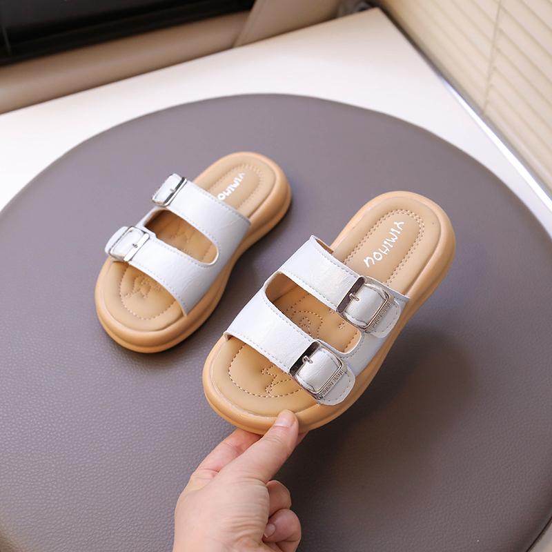 Children Slippers Outdoors Retro Kids Beach Shoes Soft Sole Korean Style 2025 Summer New Girls Sandals Elegant Chic Sweet Chic