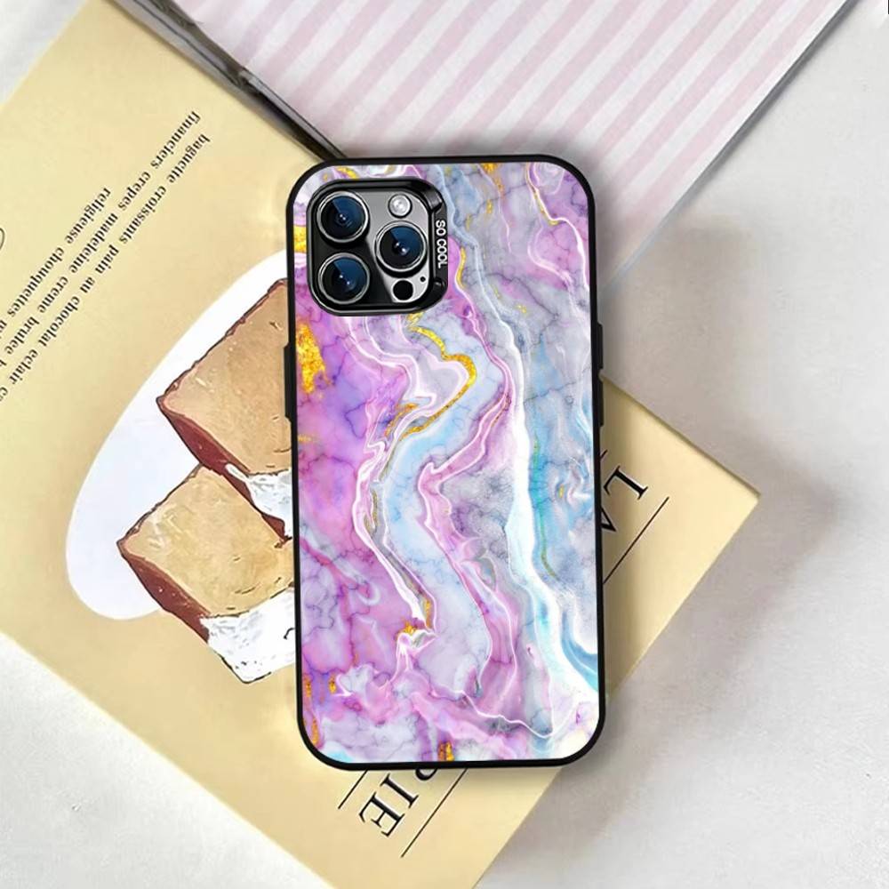 Marble Pattern Phone Case For iPhone 17,16,15,14,13,12,11 Plus,Pro Max,XS,Colored Silver Plated Inside Cover