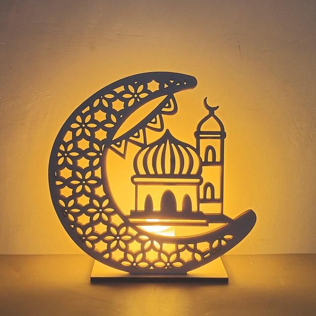 Wooden Moon Star Lights Eid Mubarak Gurbang Muslim Decoration for Home Eid Al Adha Lights