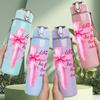 1PC Pink Gift Bow Love Text Art Print 750ml Color Plastic Sports Water Bottle Leakproof Flip Straw Lid Suitable for Sports Office Home Use