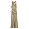 2024 European and American Fashion Black Silk Satin Midi Dress - Round Neck Sleeveless Design